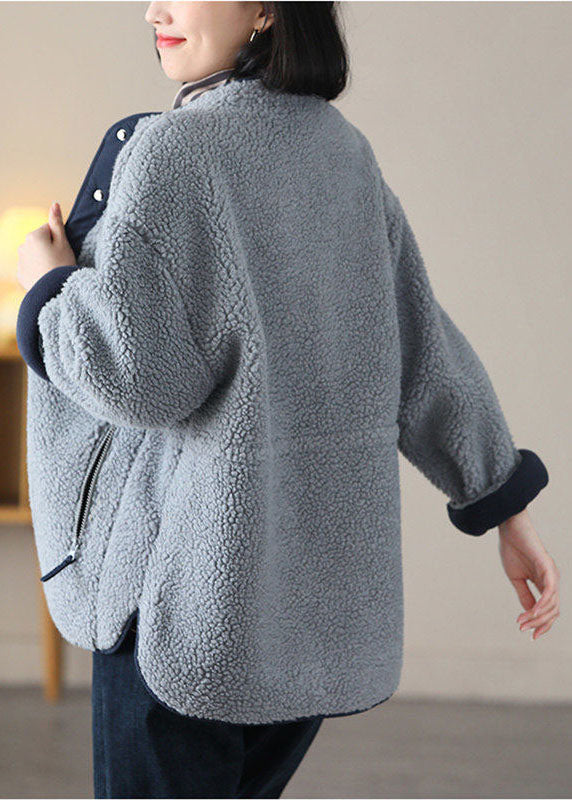 WW | Gray Blue Stand Collar Patchwork Teddy Faux Fur Jackets