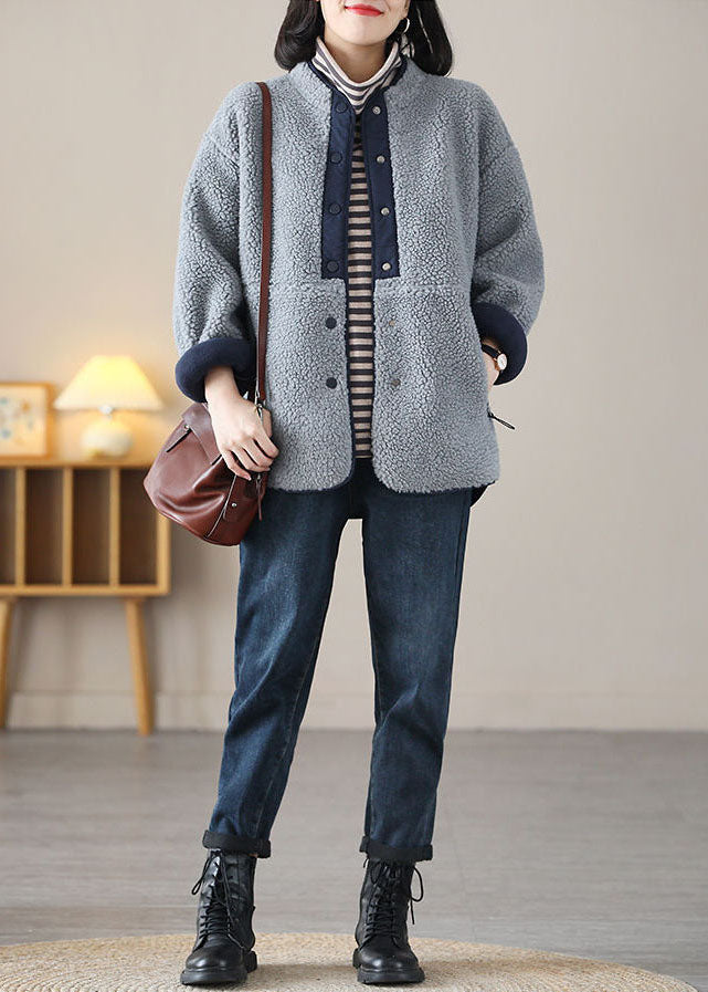 WW | Gray Blue Stand Collar Patchwork Teddy Faux Fur Jackets