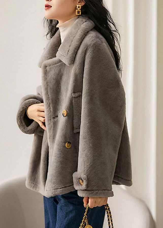 WW | Grauer Peter-Pan-Kragen Taschen Patchwork Wollmäntel Winter