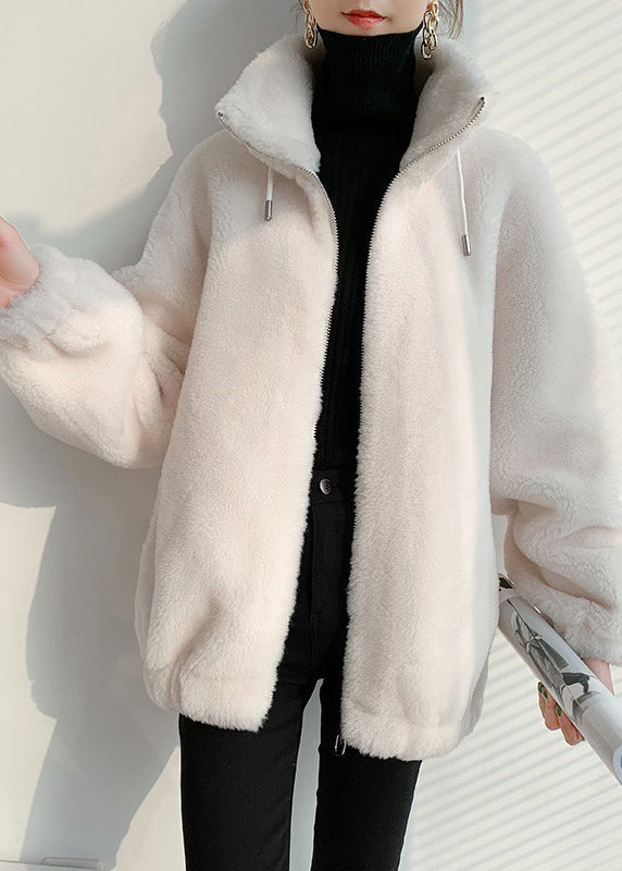 WW | Milky White Stand-Up Collar Zipper Mink Coats