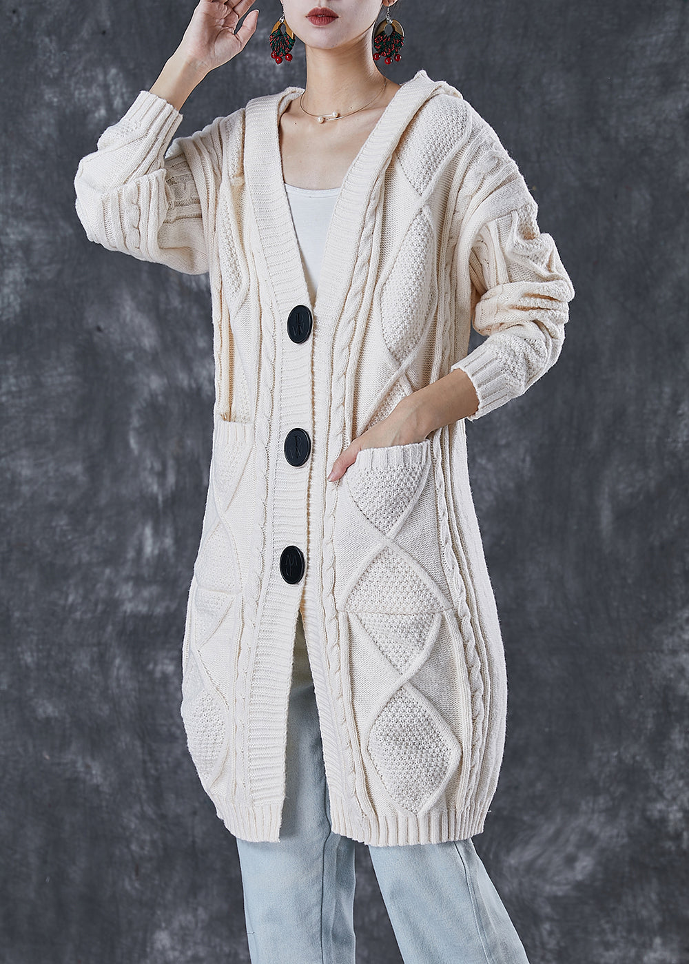 WW | White Hooded Pocket Cable Knit Coats Winter