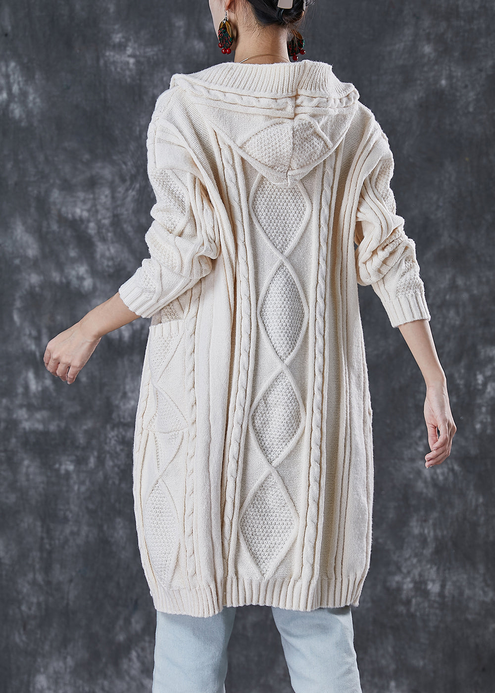 WW | White Hooded Pocket Cable Knit Coats Winter