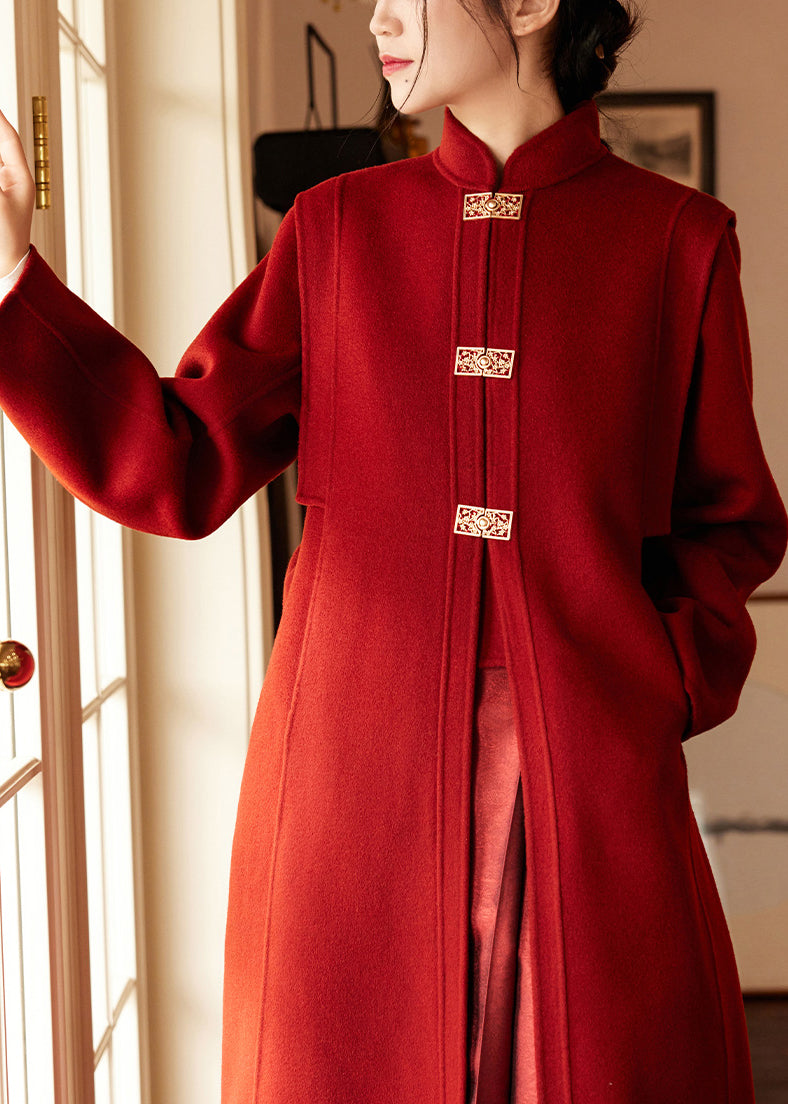 WW | Wine Red Stand Collar Cuffed Belted Wool Long Coats
