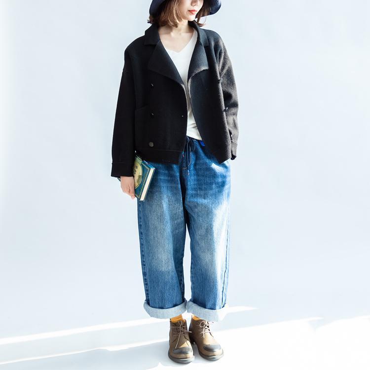 WW | black wool coats double breasted short winter jackets casual style