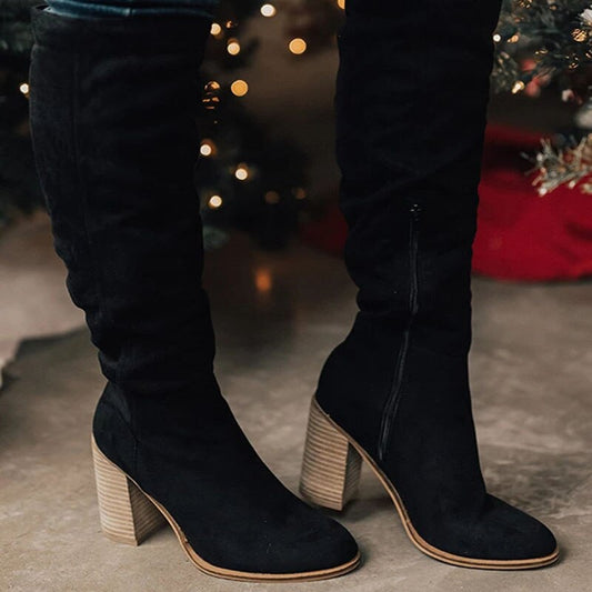 WW | Wildleder High Heel Kniefallstiefel für Frauen – Stilvolle schwarze Stiefel für vielseitige Outfits