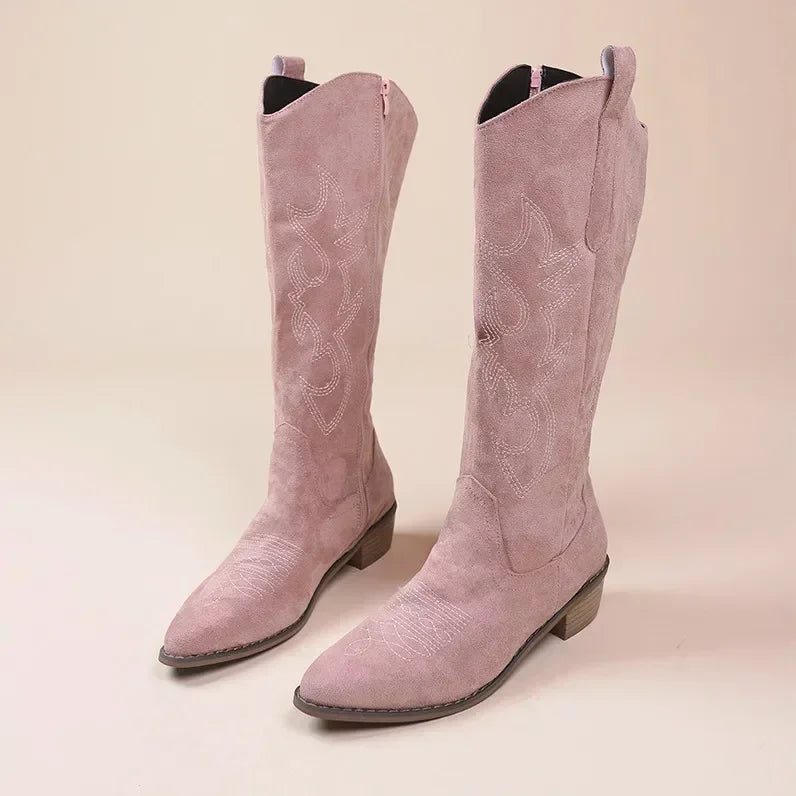 WW | Stylish Women's Suede Cowgirl Boots with Embroidery and Block Heel – Beige and Pink