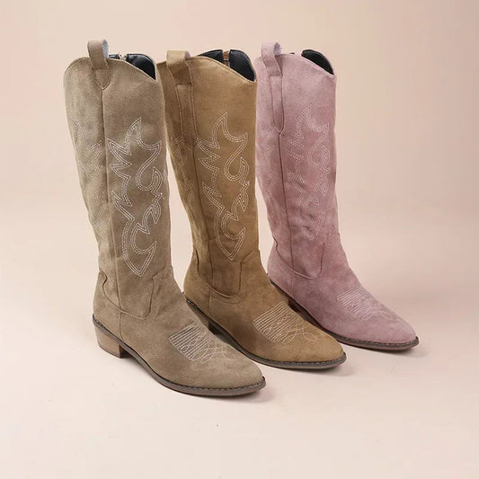 WW | Stylische Damen Cowgirl Stiefel aus Wildleder mit Stickerei und Blockabsatz – Beige und Rosa