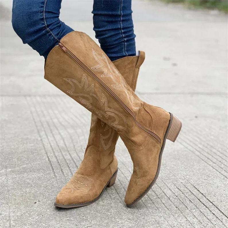 WW | Suede Cowboy Boots with Side Zipper and Embroidery – Stylish Women's Western Boots