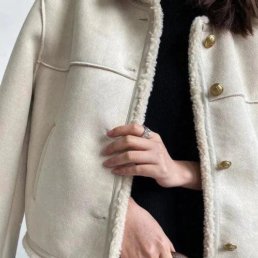 WW | Jacke Fleece Gefüttert Faux Wildleder Jacke mit Sherpa Winterjacke für Damen