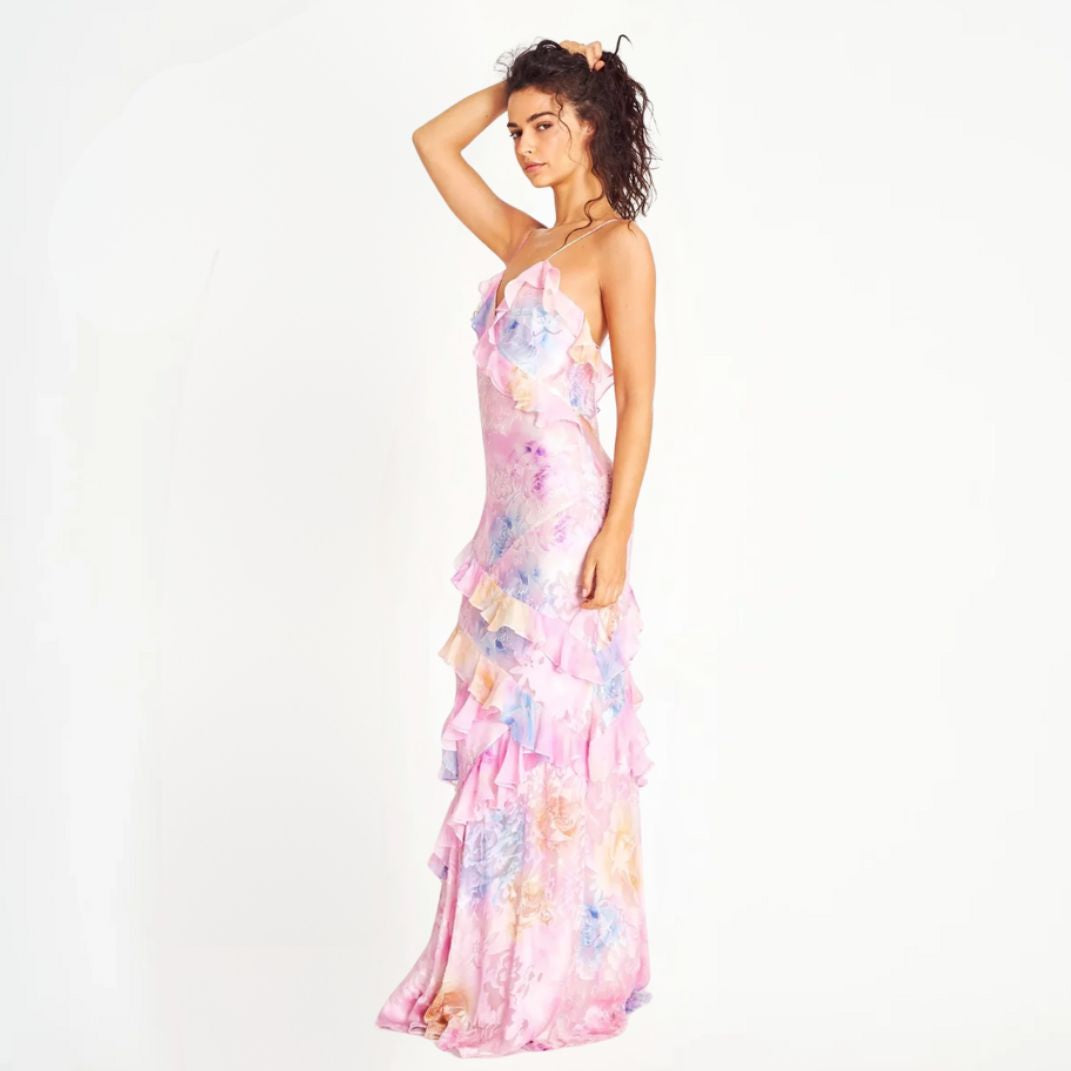 WW | Damen Blumenkleid Mit Rüschen & V-ausschnitt