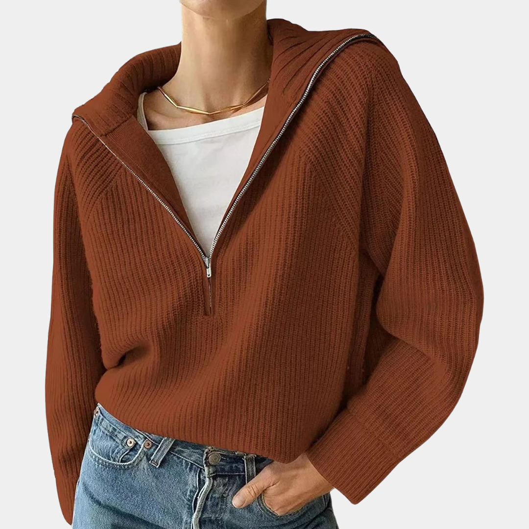 WW | Halbem Reißverschluss Lockere Passform V Ausschnitt Strickpullover Winterbekleidung für Damen
