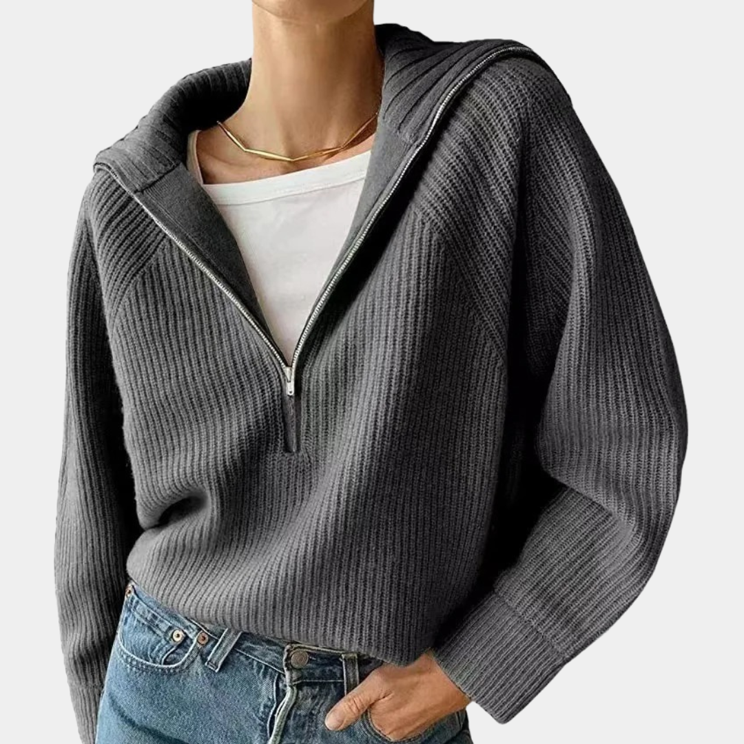 WW | Halbem Reißverschluss Lockere Passform V Ausschnitt Strickpullover Winterbekleidung für Damen