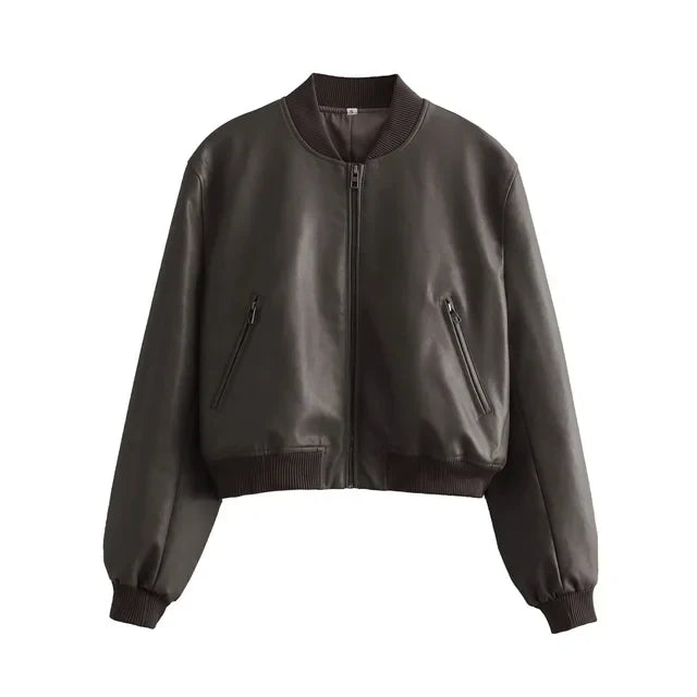 WW - Vintage PU-Leder Bomberjacke für Damen mit Stehkragen und Frontreißverschluss