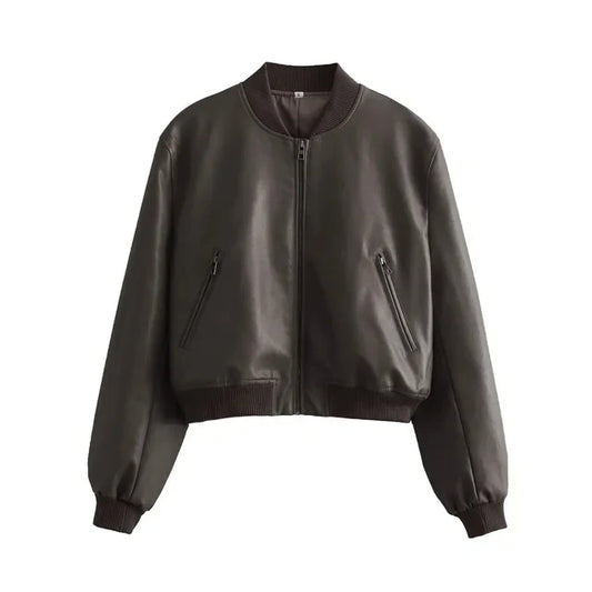 WW - Vintage PU-Leder Bomberjacke für Damen mit Stehkragen und Frontreißverschluss