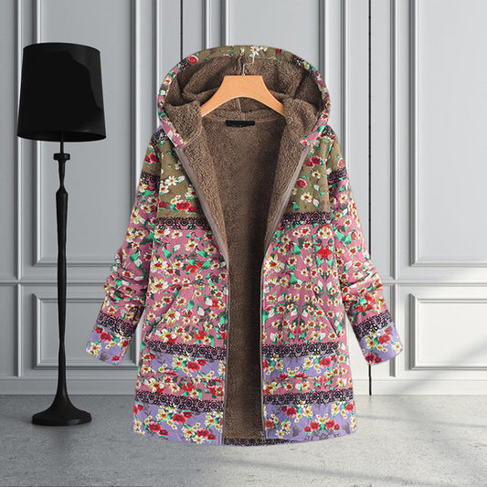 WW | Blumen Reißverschluss Jacke mit Kapuze Damenjacke