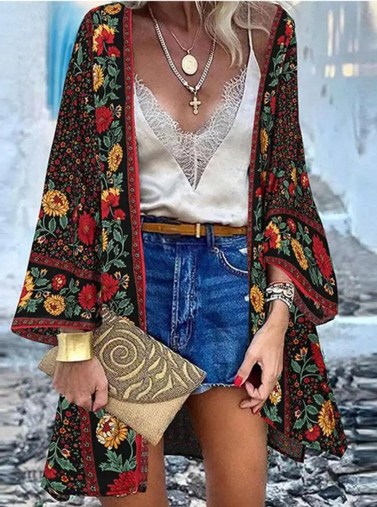WW | Sommerlicher Damen Strickjacke Im Boho Stil Mit Buntem Blumenmuster