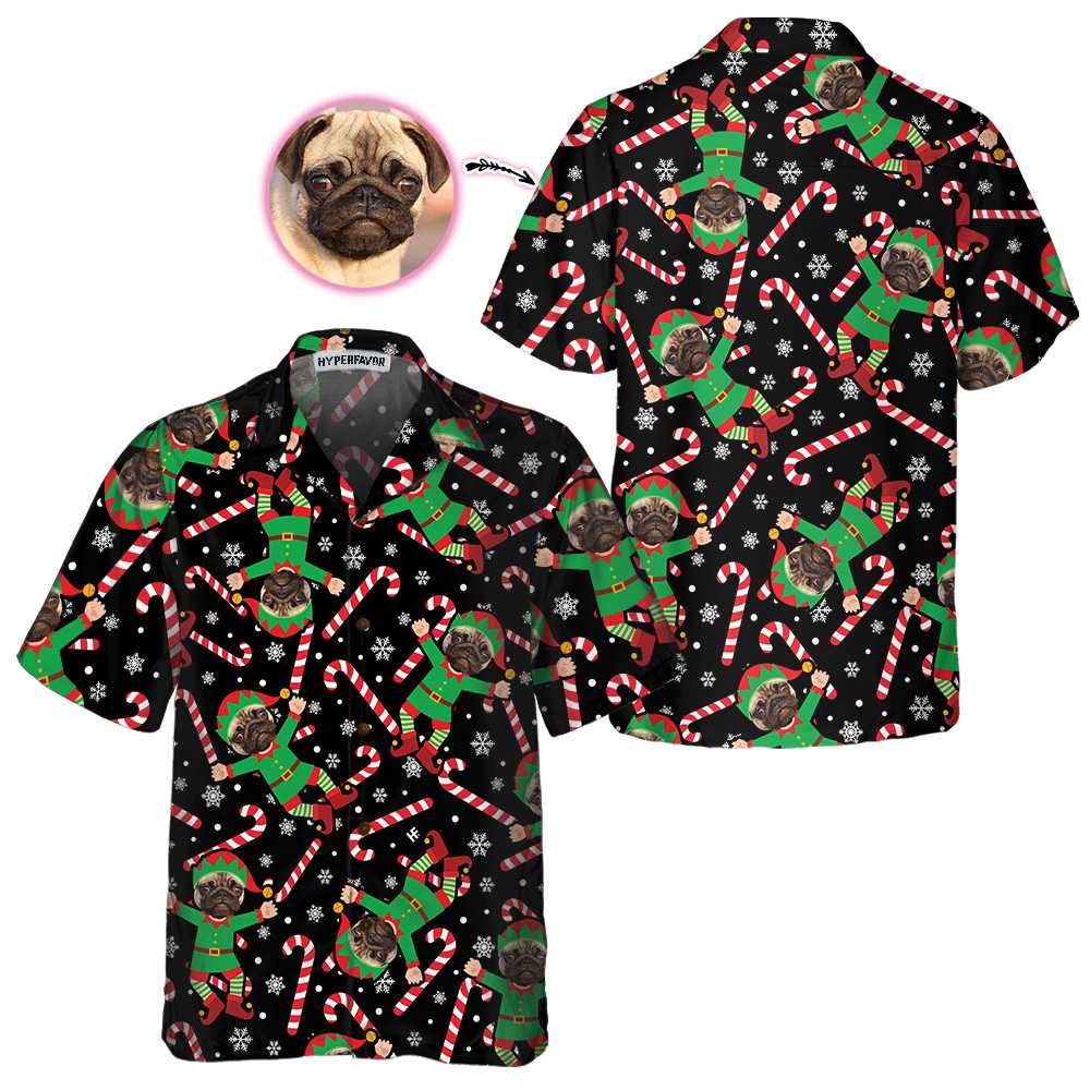 WW | Das Pug Elf maßgeschneiderte Hawaiian-Shirt, lustiges Pug-Weihnachtshemd für Männer & Frauen, personalisiertes Weihnachtsgeschenk