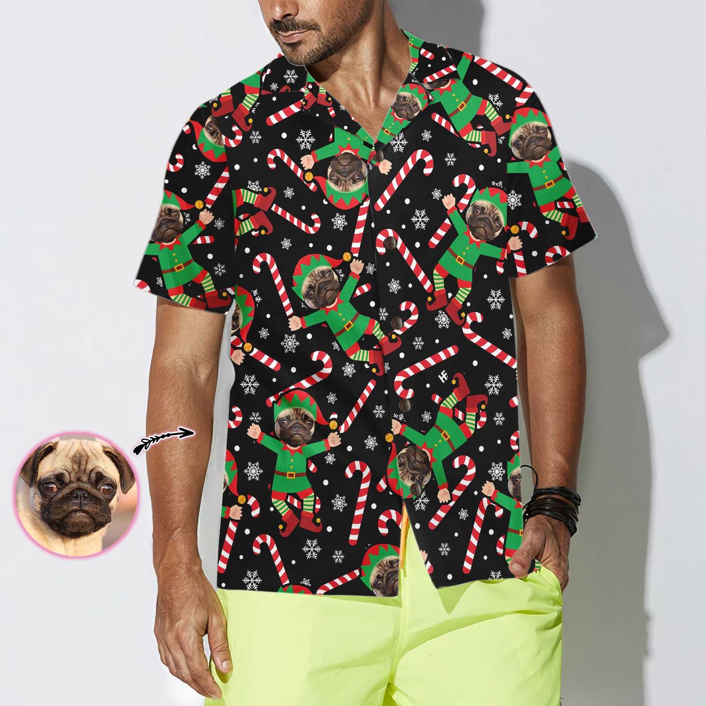 WW | Das Pug Elf maßgeschneiderte Hawaiian-Shirt, lustiges Pug-Weihnachtshemd für Männer & Frauen, personalisiertes Weihnachtsgeschenk