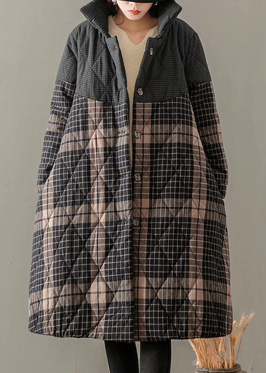 WW | Gray Plaid Coats Plus Size Clothing Coats Stand Collar Button Up Outerwear