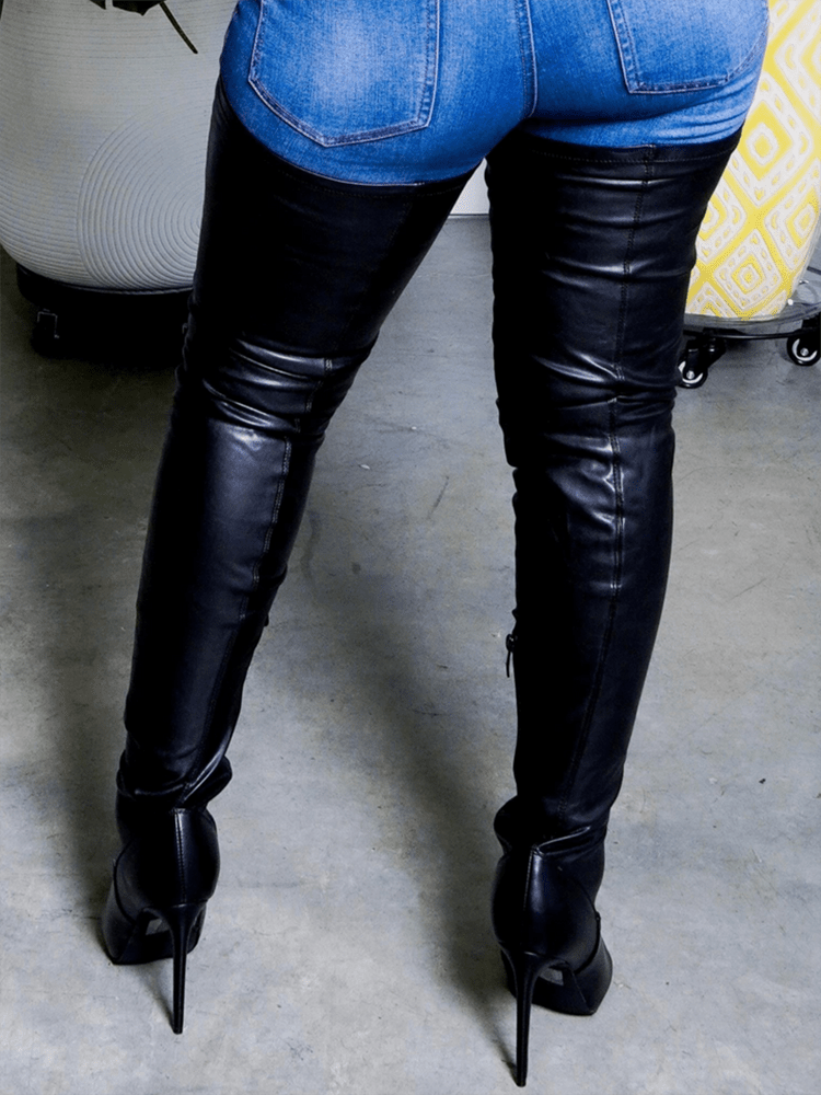 WW | Overknee Stiefel Leder Niedriger Blockabsatz Texturierte Sohle Reißverschlussverschluss