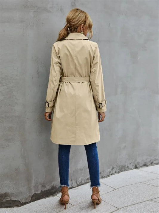 WW | Damen Lange Trenchcoat mit Gürtel und Doppelter Knopfverschluss