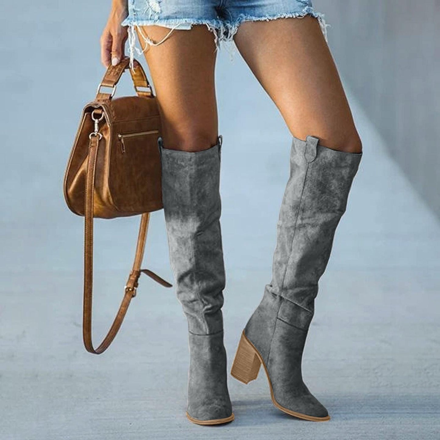 WW | Trendy Women's Grey Block Heel Boots – Urban Western Style, Comfortable Faux Suede