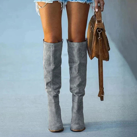 WW | Trendy Damen Graue Blockabsatzstiefel – Urban Western Stil, Bequeme Kunstwildleder