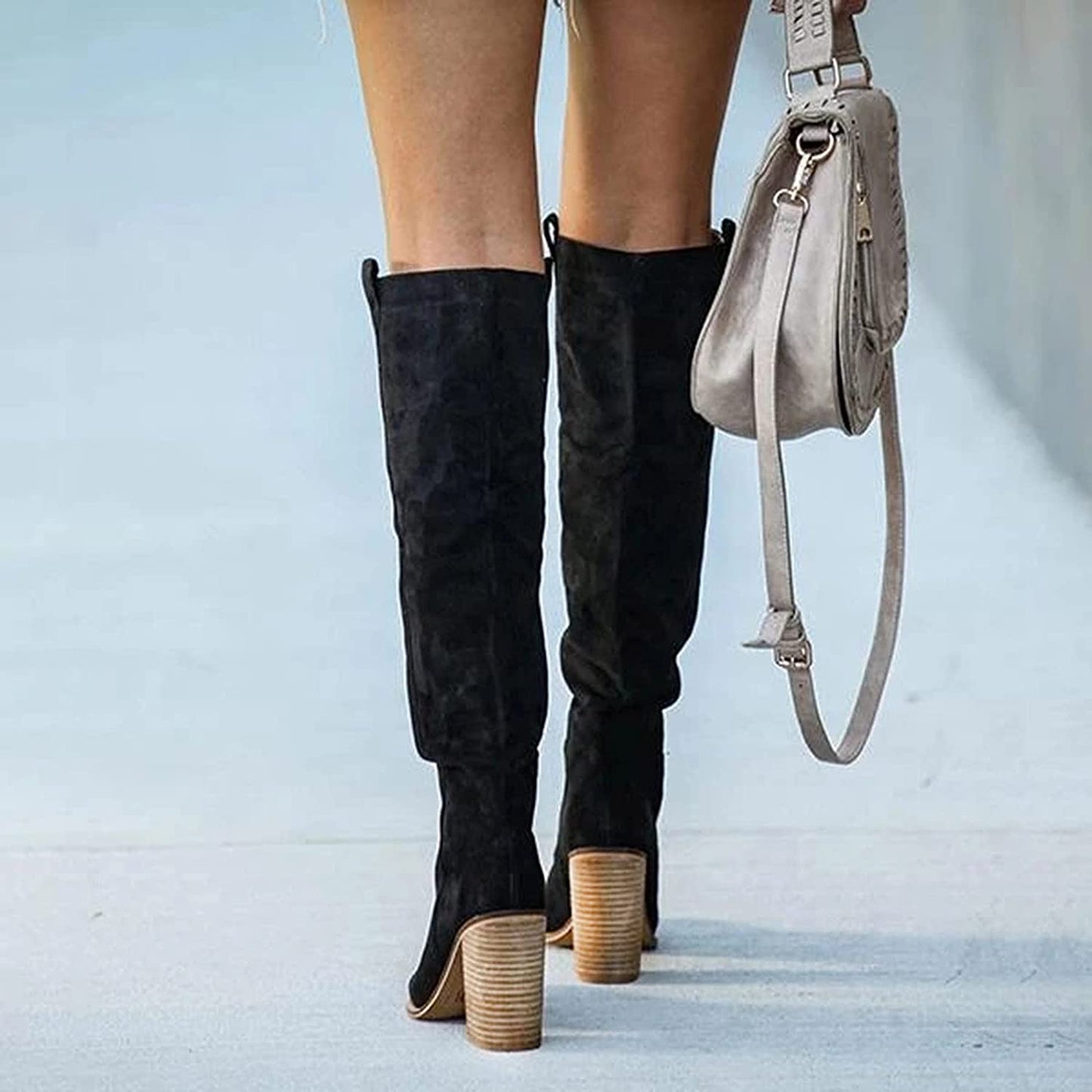 WW | Trendy Women's Grey Block Heel Boots – Urban Western Style, Comfortable Faux Suede