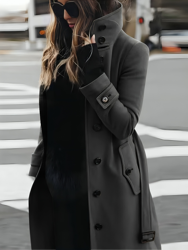 WW | Long Coat Slim Fit Double Breasted High Collar Belted Waist