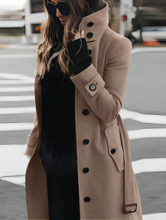 WW | Long Coat Slim Fit Double Breasted High Collar Belted Waist