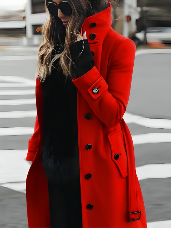 WW | Long Coat Slim Fit Double Breasted High Collar Belted Waist