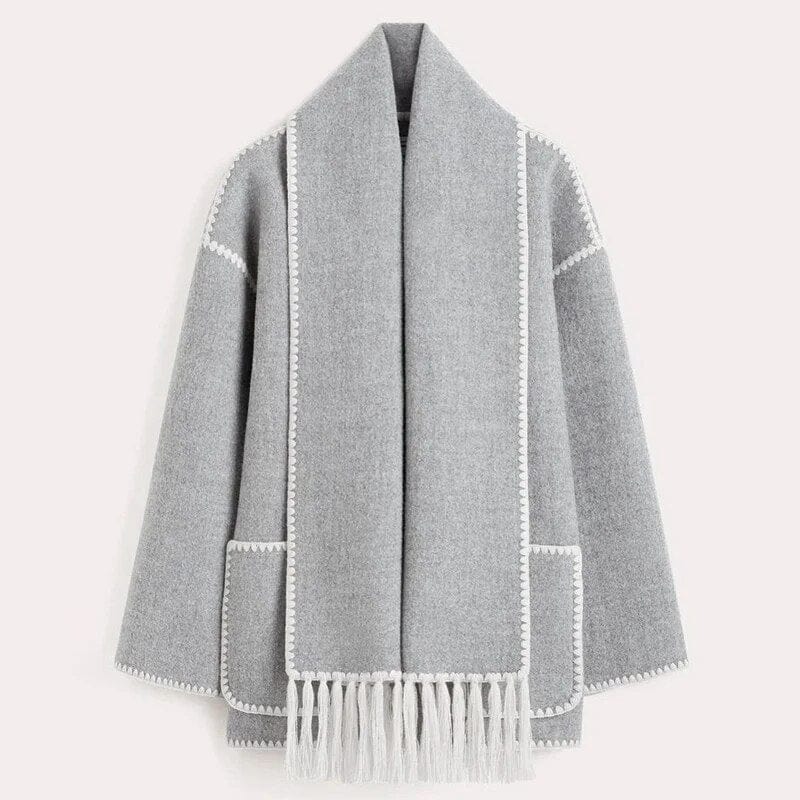 WW | Wollmischungs-Mantel mit Schal-Detail - Oversized Passform -Fransen Saum - Moderne Eleganz