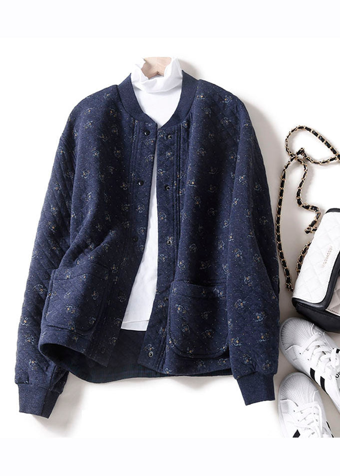WW | Apricot O-Neck Print Button Pocket Thick Cotton Jackets Winter