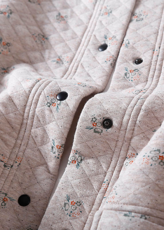 WW | Apricot O-Neck Print Button Pocket Thick Cotton Jackets Winter