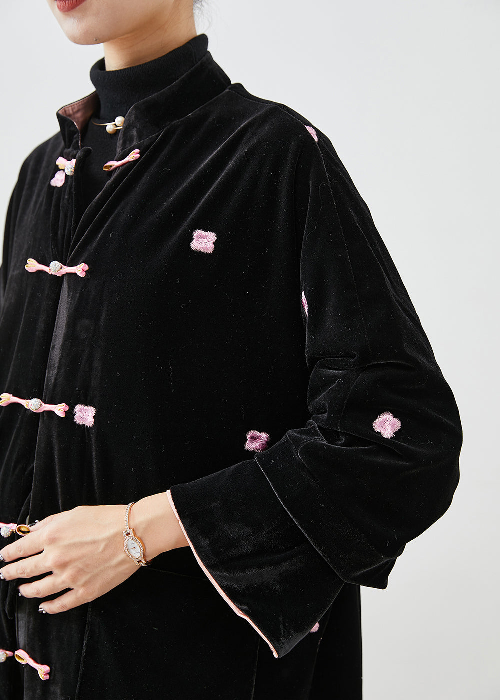 WW | Black embroidered Chinese button silk velour coats winter