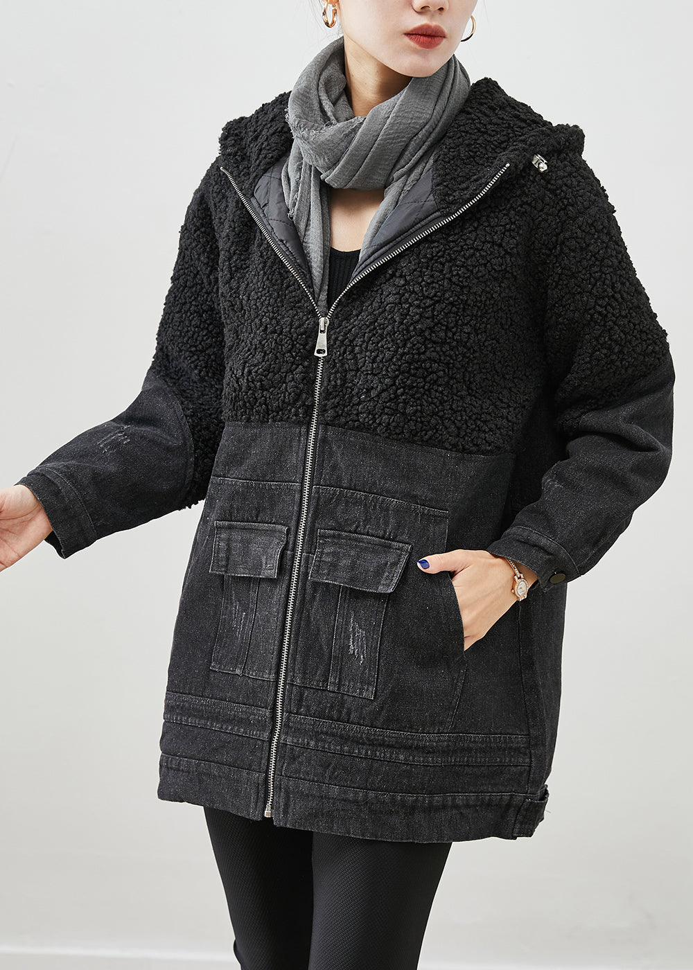 WW | Black Hooded Patchwork Wool Denim Fine-Cotton Padded Jackets Winter