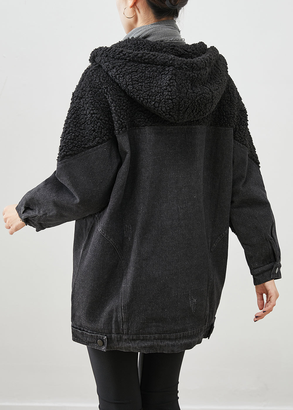 WW | Black Hooded Patchwork Wool Denim Fine-Cotton Padded Jackets Winter