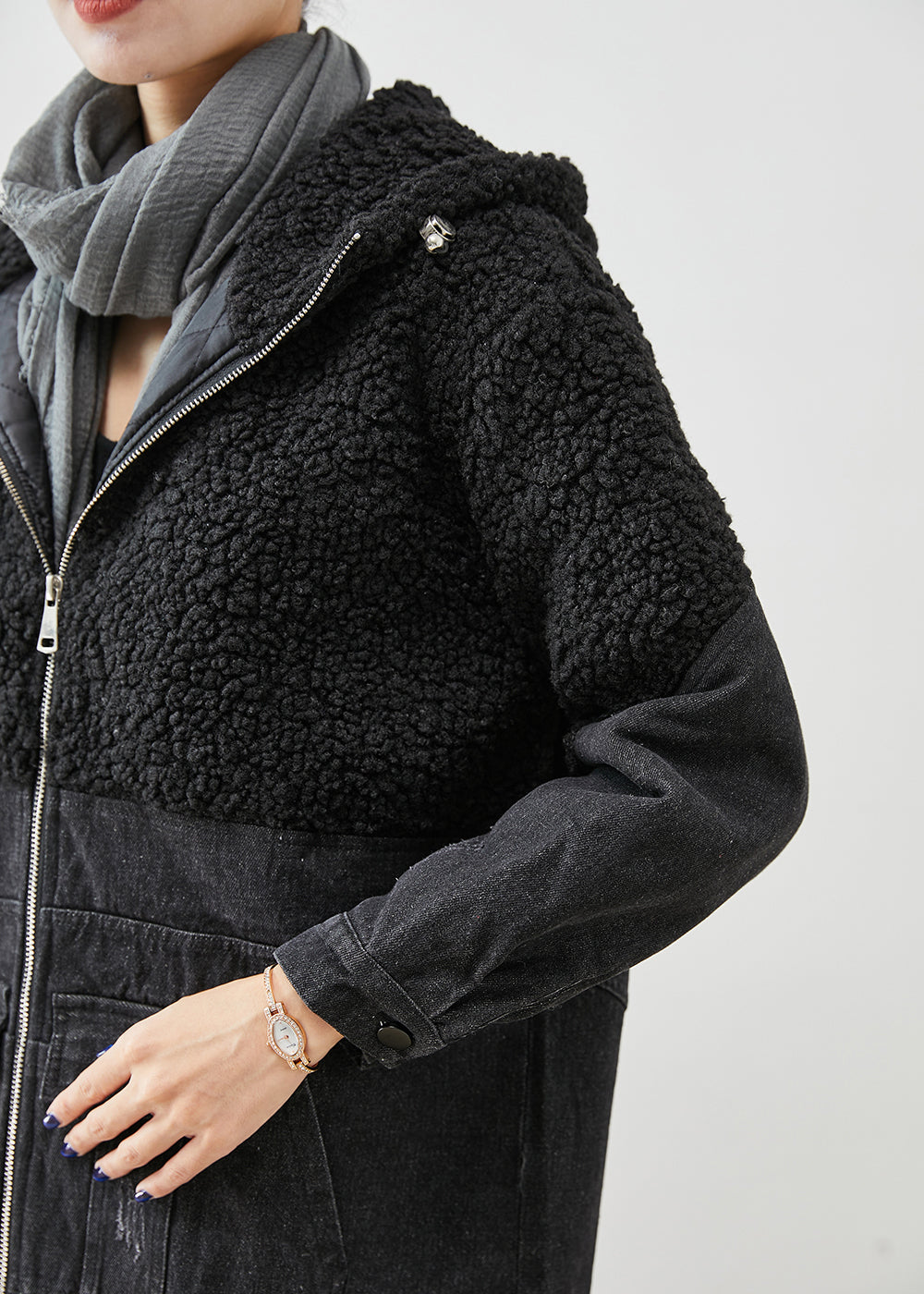 WW | Black Hooded Patchwork Wool Denim Fine-Cotton Padded Jackets Winter