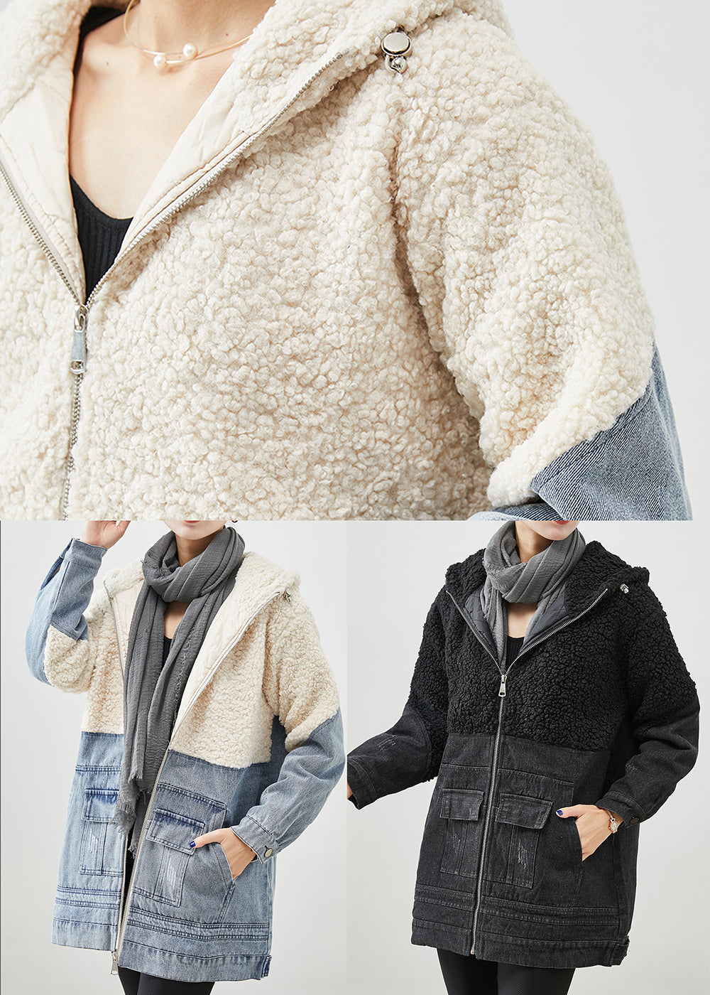 WW | Black Hooded Patchwork Wool Denim Fine-Cotton Padded Jackets Winter