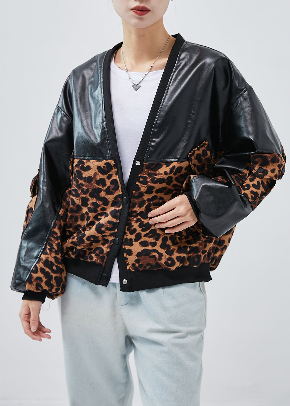 WW | Black Oversized Patchwork Leopard Faux Leather Coats