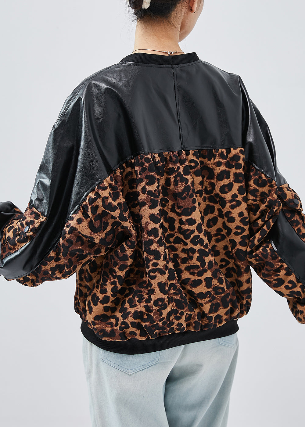 WW | Black Oversized Patchwork Leopard Faux Leather Coats