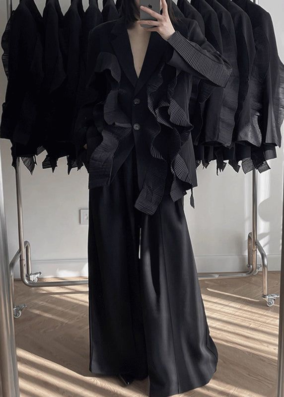 WW | Schwarzer V-Ausschnitt Patchwork-Mäntel und weite Hosen Zwei-Teile-Set Langarm