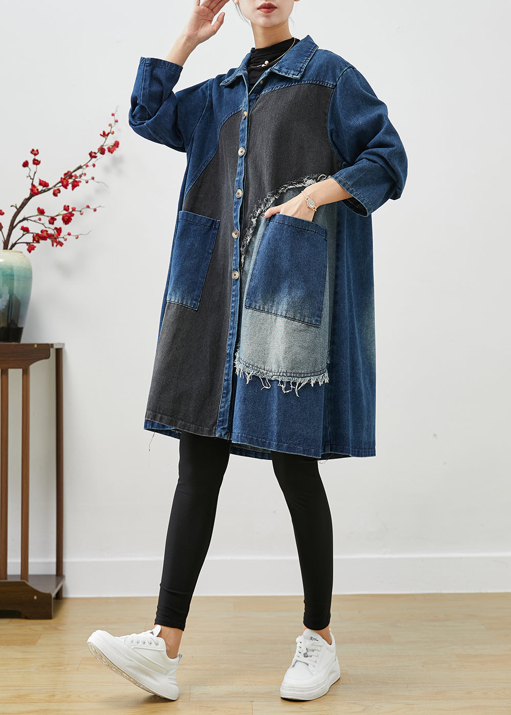 WW | Blue Asymmetrical Patchwork Denim Trench Coats