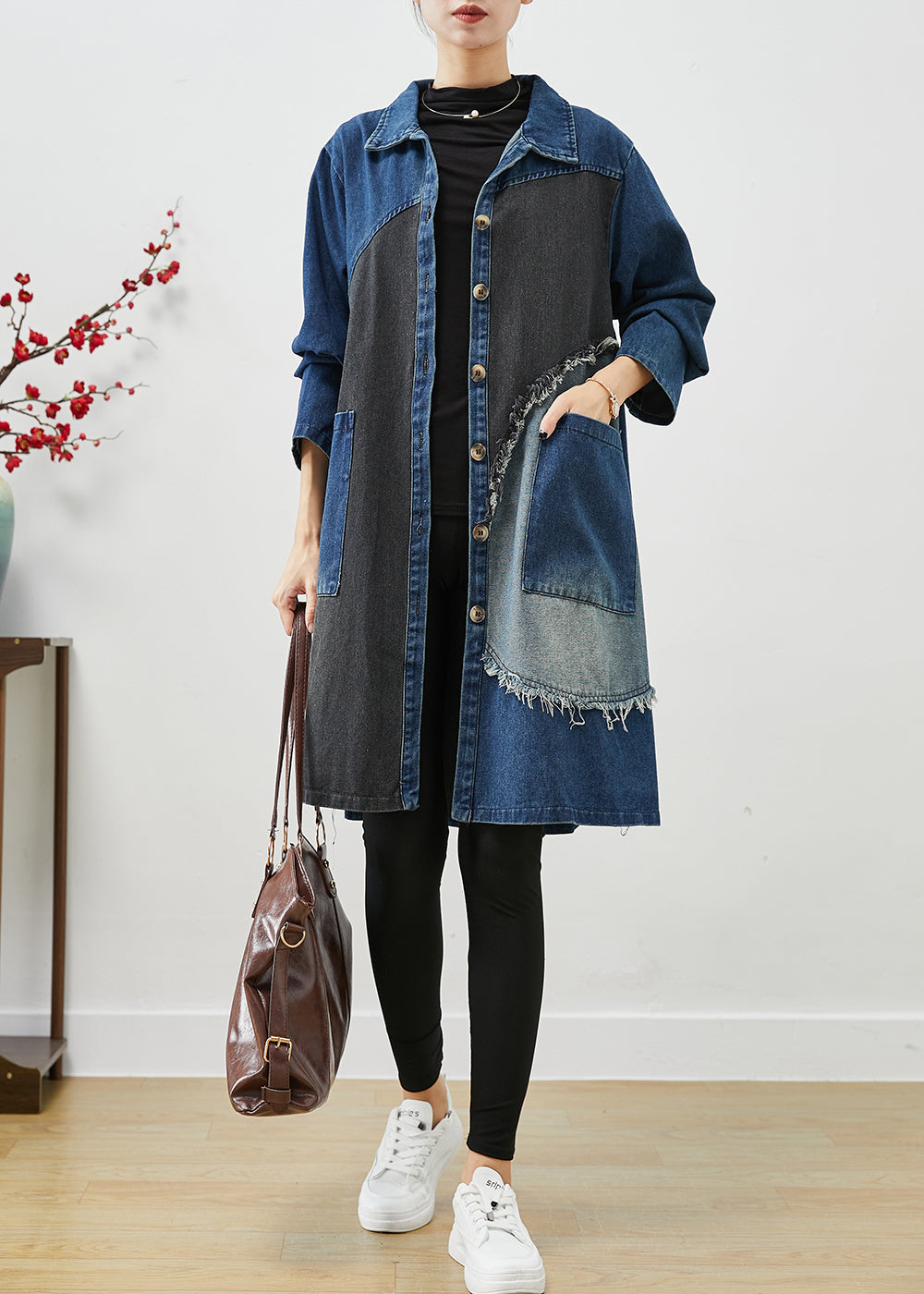 WW | Blue Asymmetrical Patchwork Denim Trench Coats