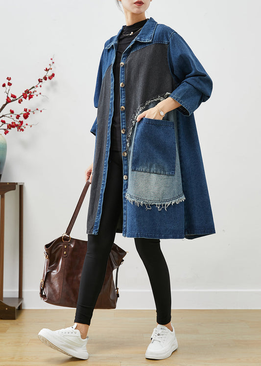WW | Blaue asymmetrische Patchwork-Denim-Trenchcoats