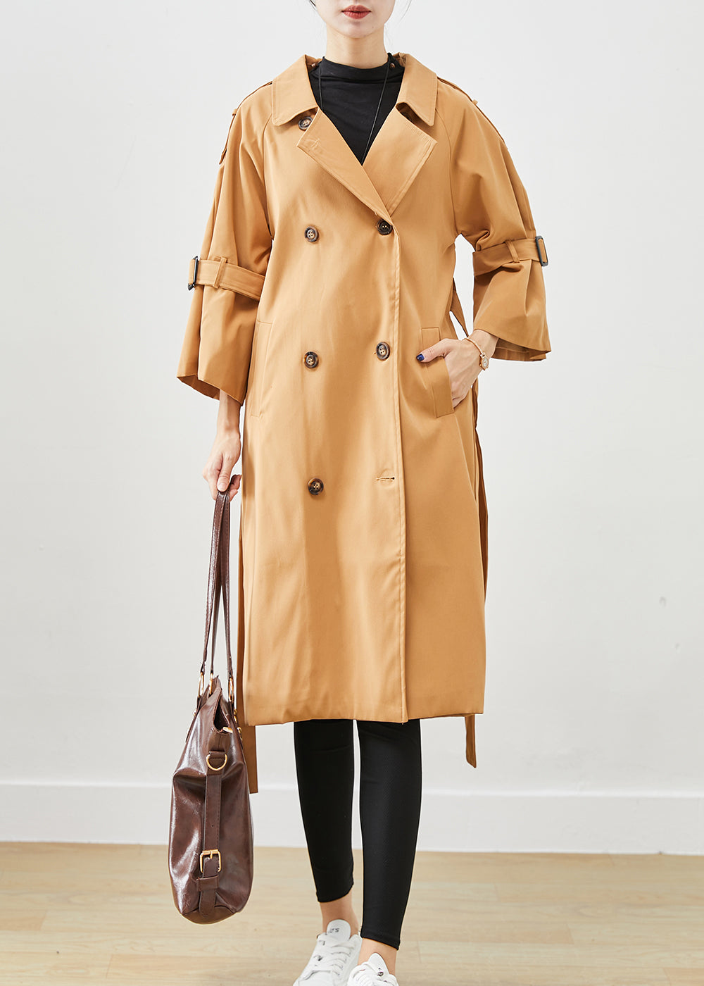 WW | Khaki Notched Double-Breasted Slim Fit Cotton Trench Coats