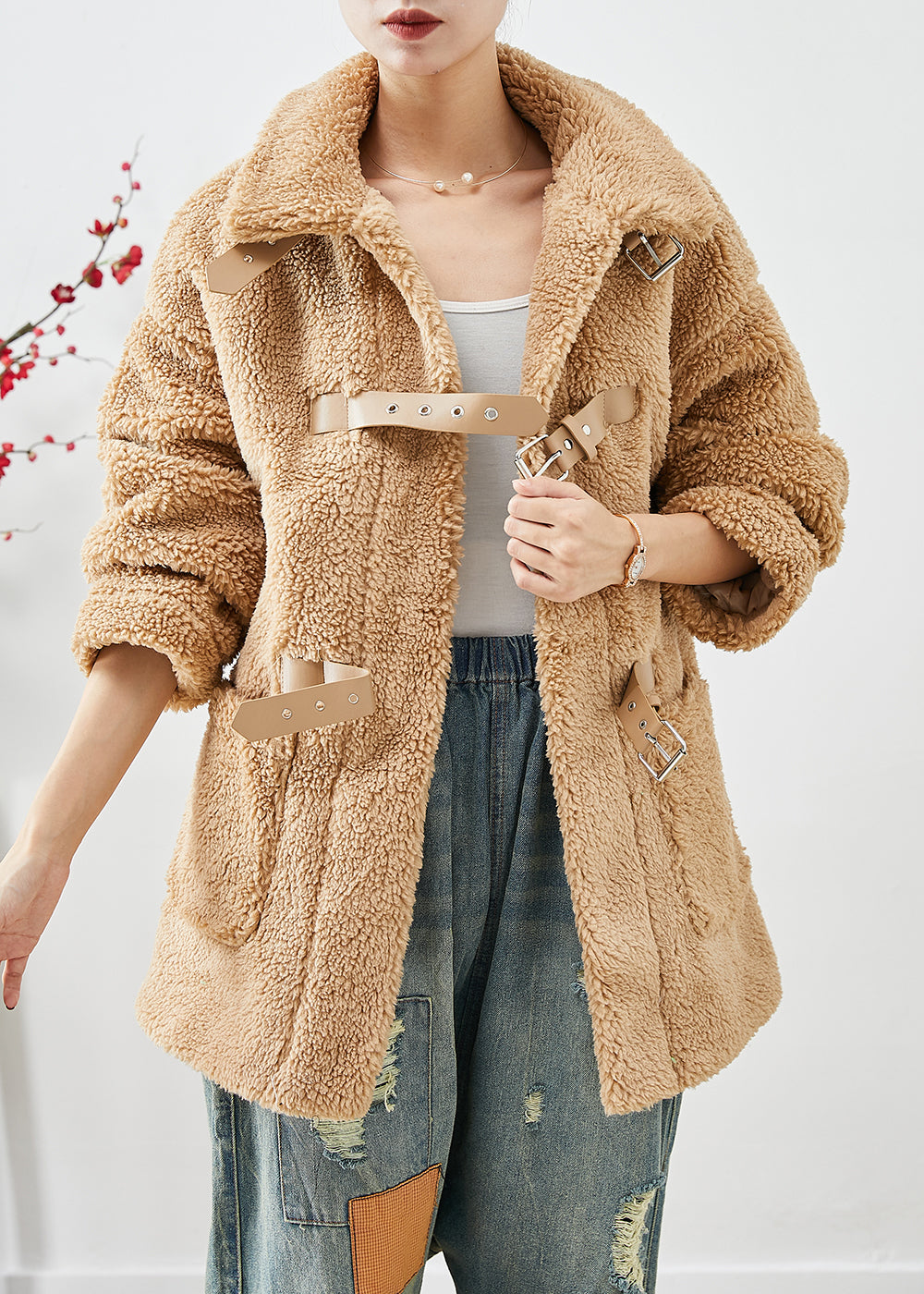 WW | Khaki Peter Pan Kragen Taschen Kunstfell Teddy Mäntel Winter