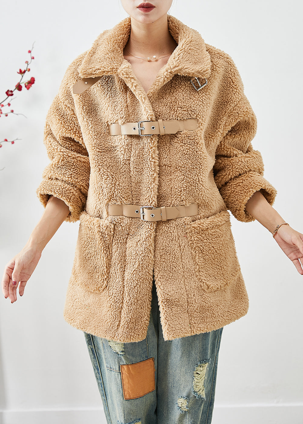 WW | Khaki Peter Pan Kragen Taschen Kunstfell Teddy Mäntel Winter
