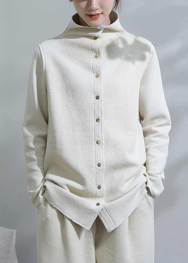 WW | White Stand-up Collar Button Patchwork Cotton Coats