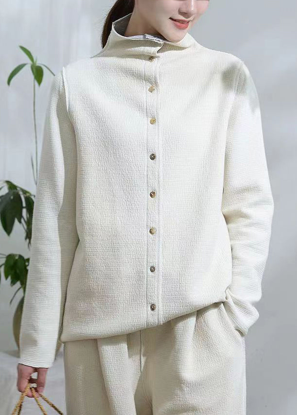 WW | White Stand-up Collar Button Patchwork Cotton Coats